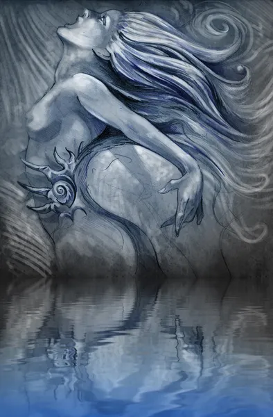 Nude mermaid illustration in blue colors with shine effects over — Stock Photo, Image