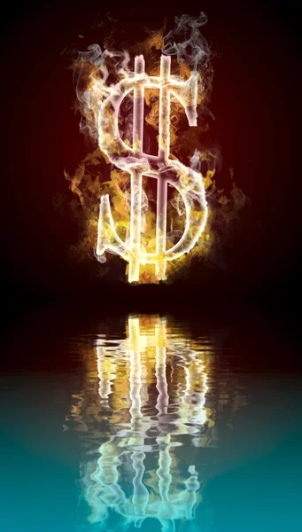 美元符号在燃烧，火与水中的反射 — 图库照片