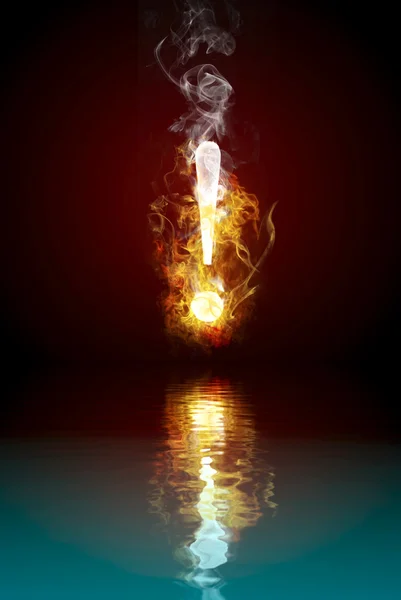 Exclamation symbol burning, fire reflected in rendered water — Stock Photo, Image