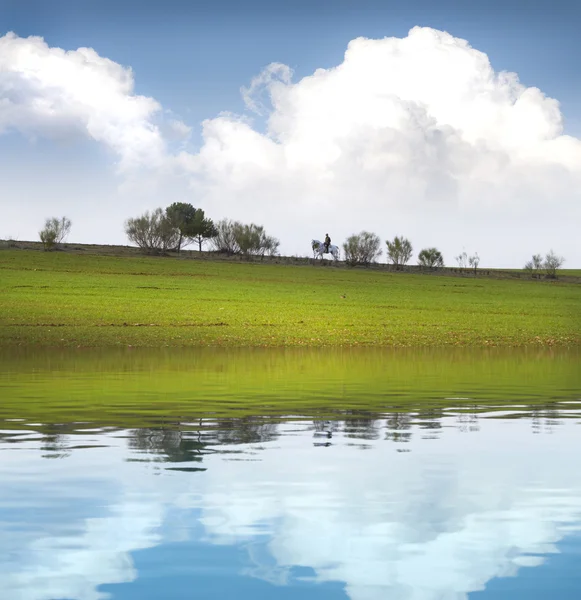 Domaine agricole espagnol avec réflexion sur l'eau — Photo
