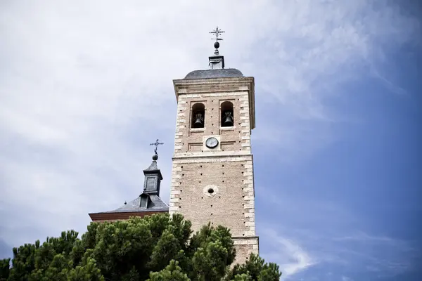 Church bell tower, rural landscape, Spain — Stok fotoğraf