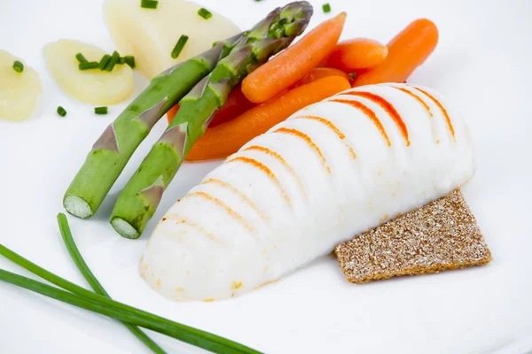 stock image Diet meal, asparagus with carrots and sea food