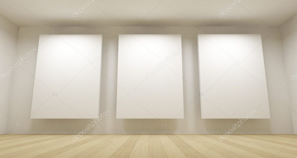 Clean school room, empty 3d space with three white frames