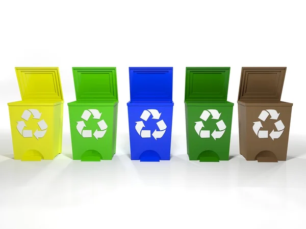 Reciclar contenedores en amarillo, verde, azul y marrón — Foto de Stock