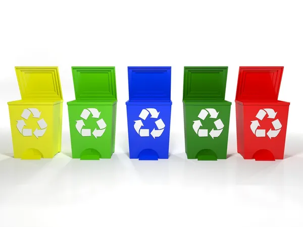 Κάδοι ανακύκλωσης σε κίτρινο, πράσινο, μπλε και κόκκινο — Φωτογραφία Αρχείου