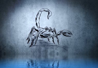 Scorpion tattoo on blue wall with water reflections clipart