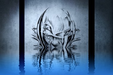 Monstrous character on blue wall reflections in the water clipart