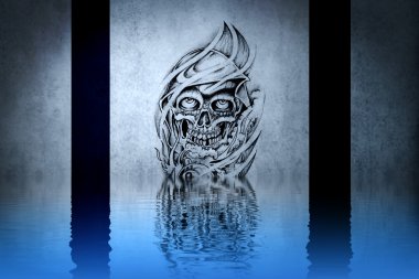 Lovely tattoo drawing on blue wall reflections in the water clipart