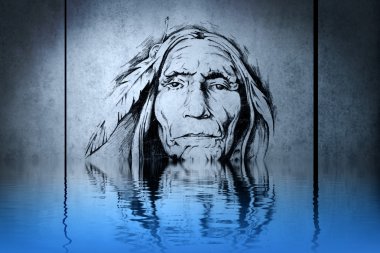 Indian chief's head on blue wall reflections in the water clipart