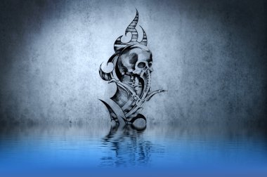 Tattoo drawing on blue wall with water reflections clipart