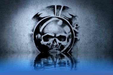 Warrior Skull tattoo on blue wall with water reflections clipart