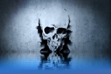 Warrior Skull tattoo on blue wall with water reflections clipart