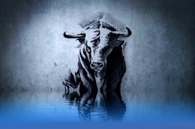 Spanish bull tattoo on blue wall with water reflections