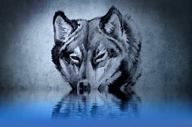 Tattoo of a wolf's head with water reflections clipart