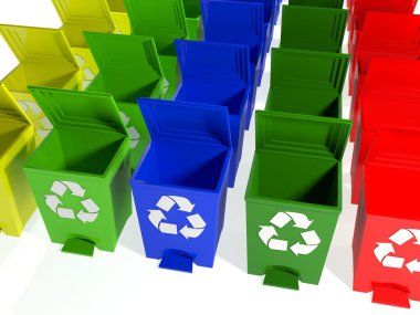 Recycle bins in yellow,green,blue and red clipart