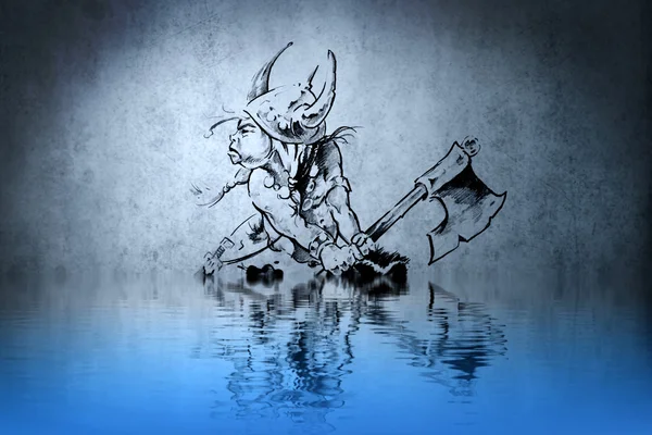 Guerreiro da tatuagem na guerra na parede azul com reflexos de água — Fotografia de Stock