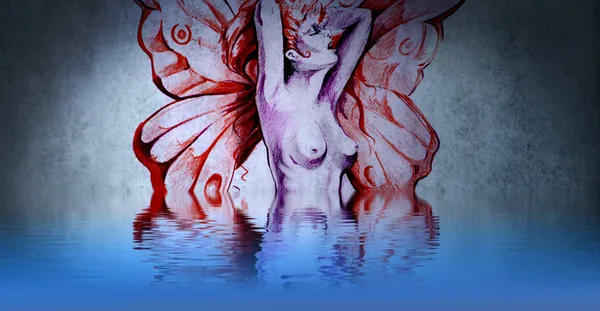 A beautiful fairy tattoo naked with water reflections — Stock Photo, Image