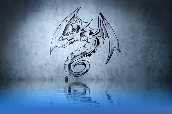 Dragon fantasy, tattoo drawing or decoration with water reflecti — Stock Photo, Image
