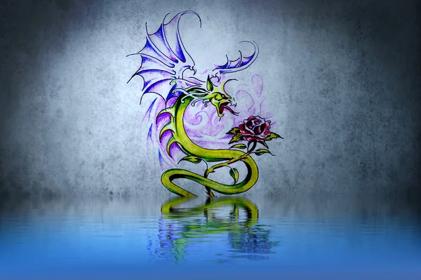 Dragon fantasy, tattoo drawing or decoration with water reflecti — Stock Photo, Image