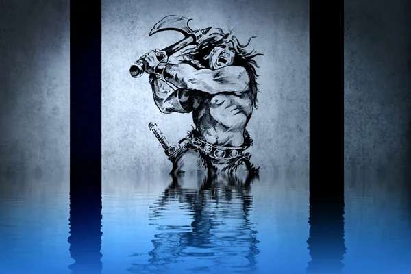Tatuaggio guerriero in guerra sul muro blu con riflessi d'acqua — Foto Stock