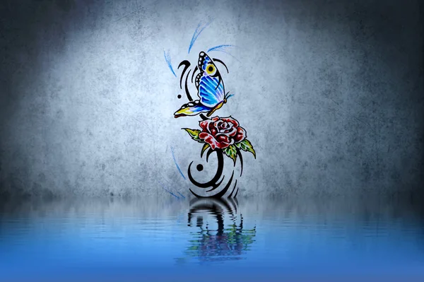 Rose and butterfly tribal forms tattoo over water reflection. Il — Stock Photo, Image