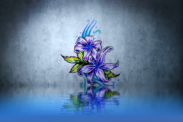 Lilla plante tatovering over vand refleksion. Illustration design r - Stock-foto