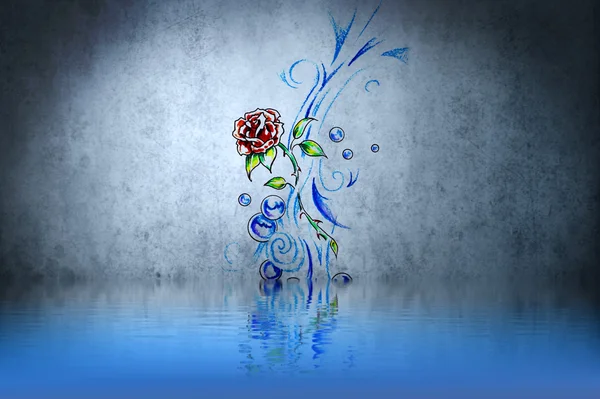 Flower tattoo design on blue wall reflections in the water — Stock Photo, Image