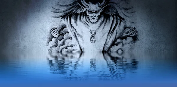 Tekening van een kwaad wizard vuile blauwe achtergrond, met reflectie — Stockfoto