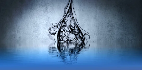 Татуировка зомби на голубой стене с отражениями воды — стоковое фото