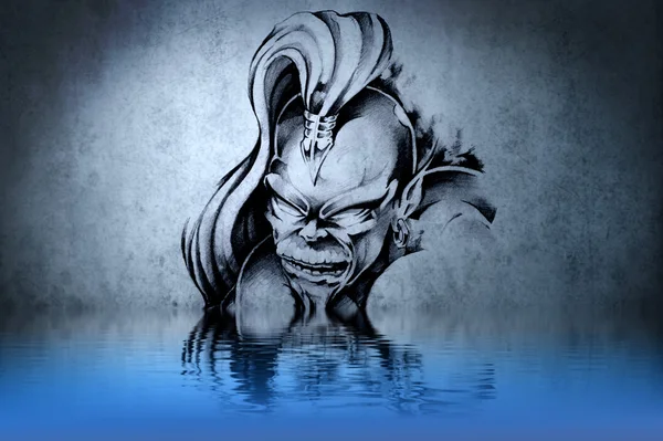 Böser Zauberer, der auf blauen Wandreflexen im Wasser zeichnet — Stockfoto