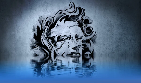 Татуировка ведьмы или колдуна на голубой стене с отражениями воды — стоковое фото