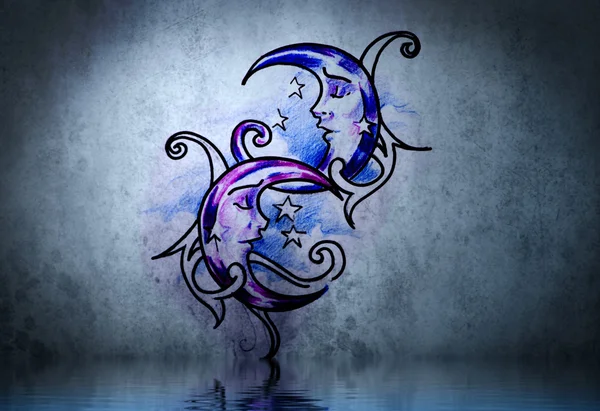 Moon tattoo on blue wall with water reflections — Stock Photo, Image