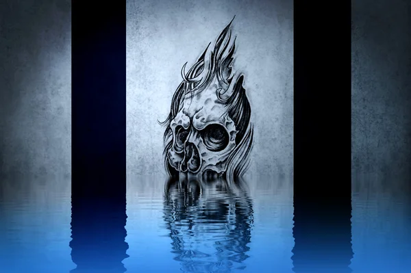 Desenho de fantasia de um diabo fundo azul sujo, com reflectio — Fotografia de Stock