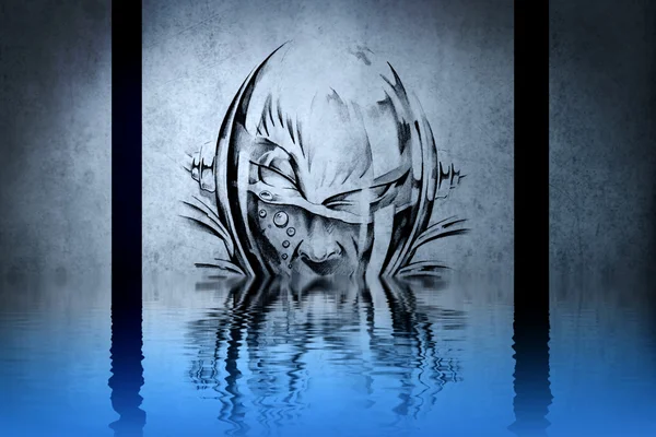 Monstrous character on blue wall reflections in the water — Stock Photo, Image