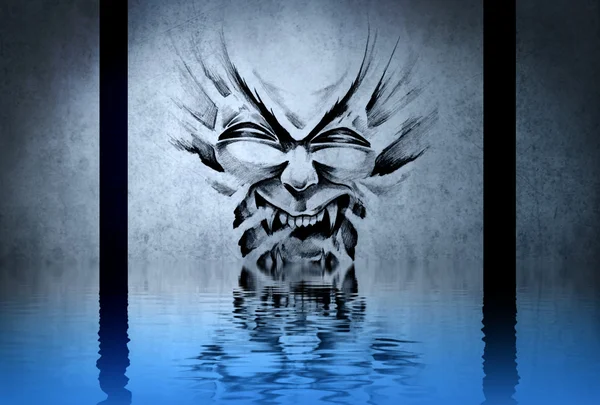 Fantasy drawing of a devil dirty blue background, with reflectio — Stock Photo, Image