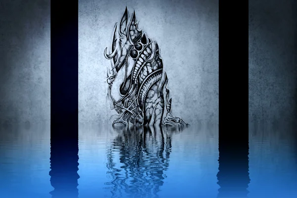 Demon head tattoo on blue wall reflections in the water — Stock Photo, Image