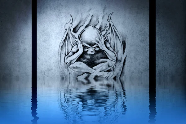 Demon head tattoo on blue wall reflections in the water — Stock Photo, Image