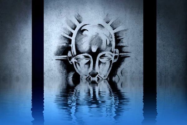 Warrior tatoeage op blauwe muur met water reflecties — Stockfoto
