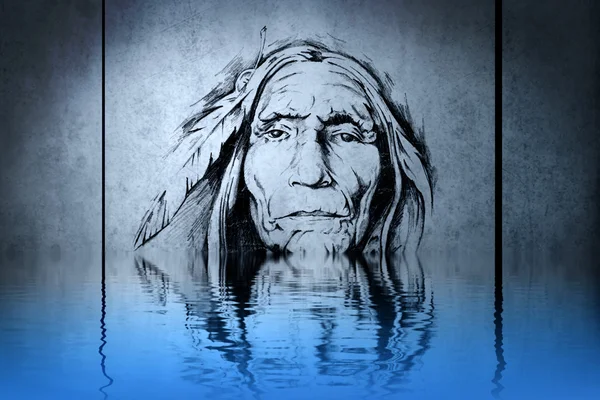 Kopf des indischen Häuptlings auf blauen Wandreflexen im Wasser — Stockfoto