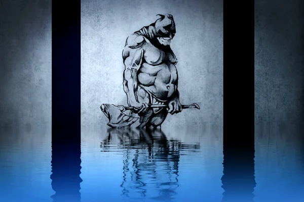 Bojovník tetování na modré zdi s odrazy vody — Stock fotografie