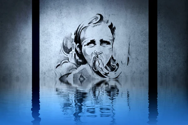 Zombie tattoo on blue wall with water reflections — Stock Photo, Image