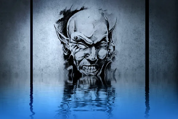 Zombie-Tätowierung an blauer Wand mit Wasserspiegelungen — Stockfoto