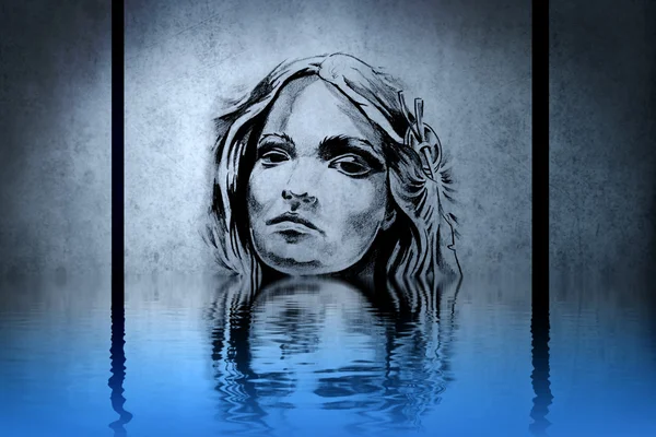 Indian woman's head on blue wall reflections in the water — Stock Photo, Image