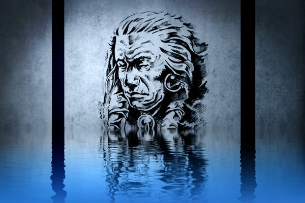 Cabeza de jefe indio en reflejos de pared azul en el agua —  Fotos de Stock