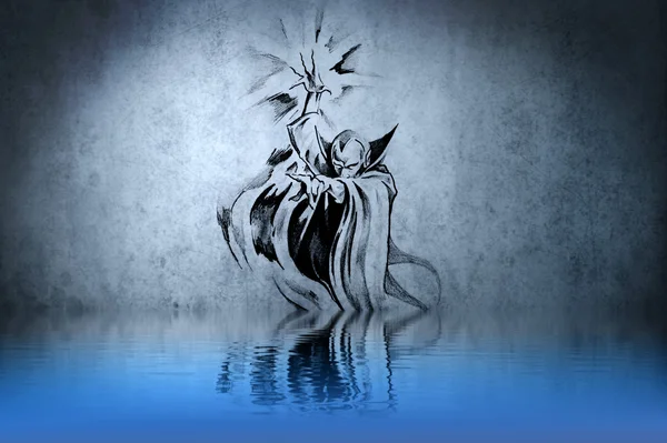 Татуировка ведьмы или колдуна на голубой стене с отражениями воды — стоковое фото