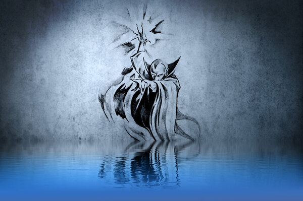 Witch or sorcerer tattoo on blue wall with water reflections