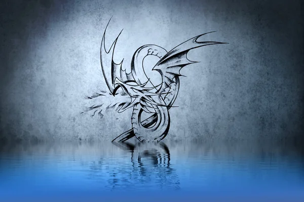 Funny dragon tattoo on blue wall reflections in the water — Stock Photo, Image