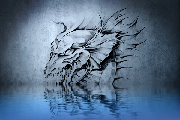 Aggressive fantasy Dragon tattoo on blue wall reflections in the — Stock Photo, Image