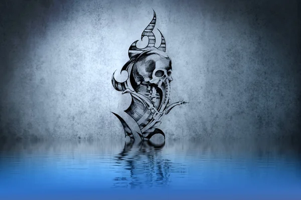 Tattoo drawing on blue wall with water reflections — Stock Photo, Image