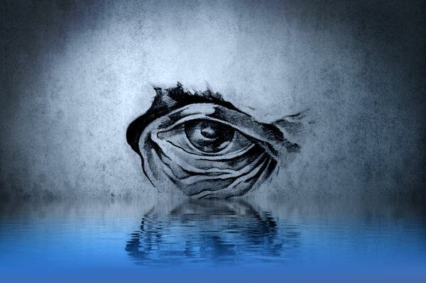 Tattoo animal eye on blue wall with water reflections